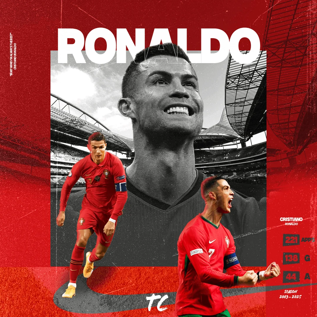 Affiche Cristiano Ronaldo aux couleurs du Portugal, montage photo en rouge et noir et blanc