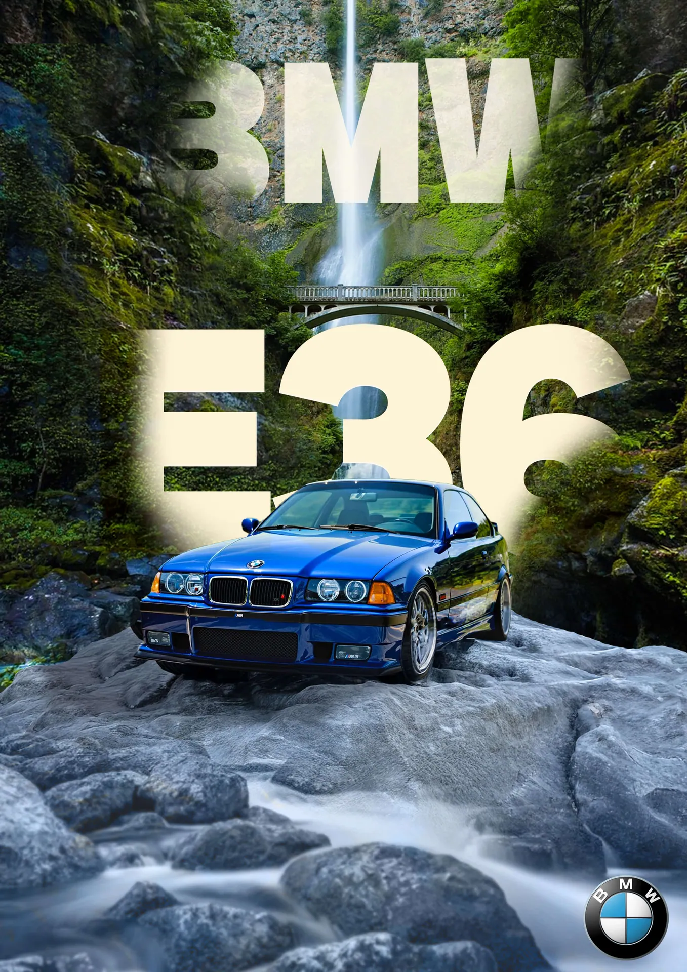 Affiche BMW E36 : berline bleue posée sur des rochers au pied d’une cascade