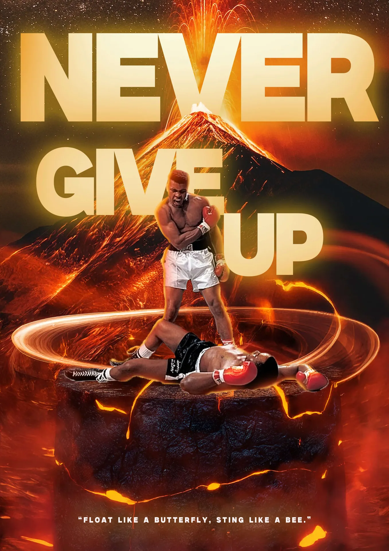 Affiche « Never Give Up » hommage à Mohammed Ali, typographie dorée sur fond de lave