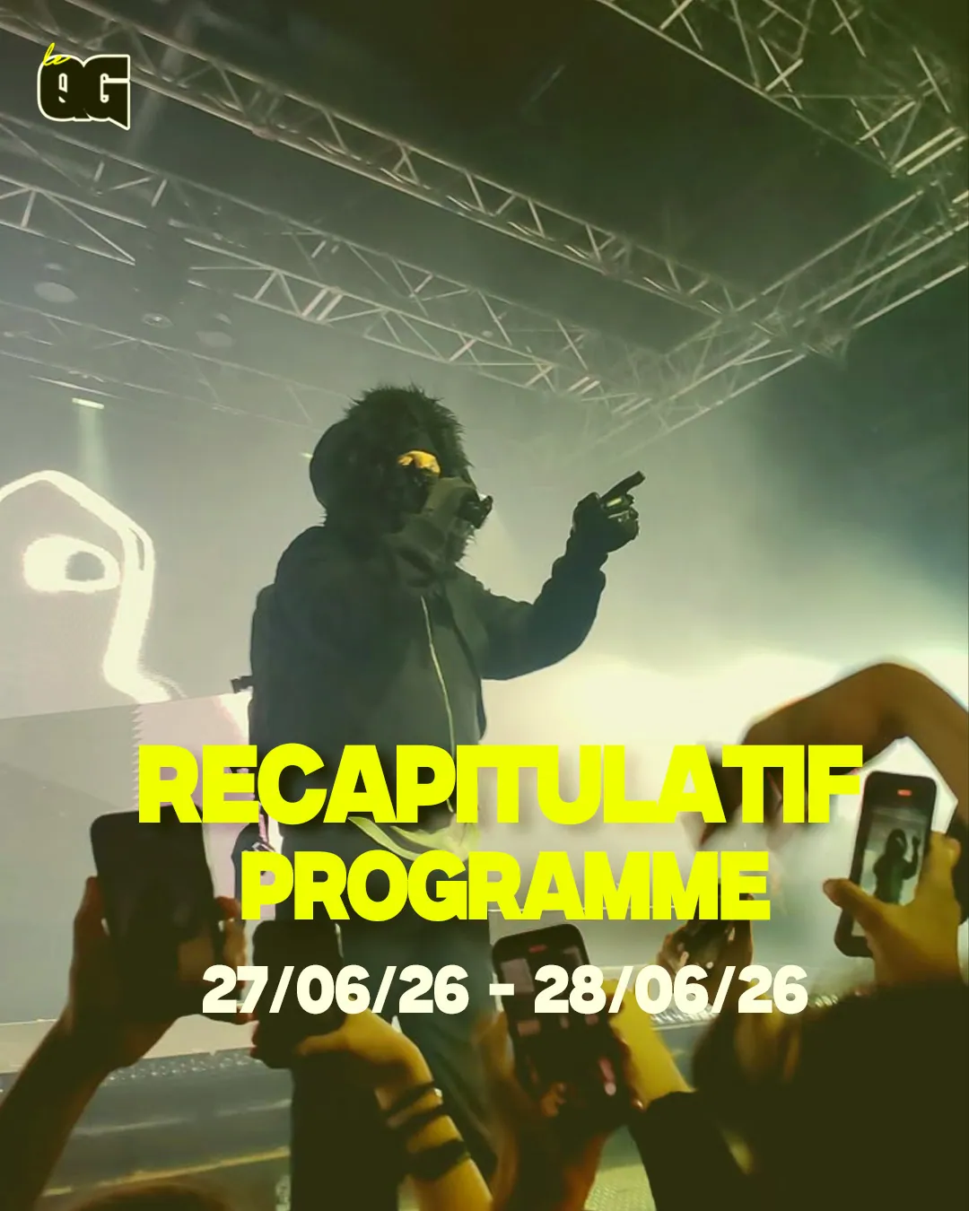 Affiche récapitulative du programme d’un festival du 27 au 28 juin 2026, public devant la scène