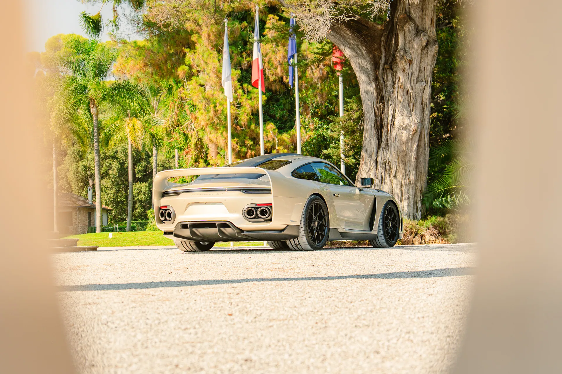 Supercar beige devant des palmiers et des drapeaux